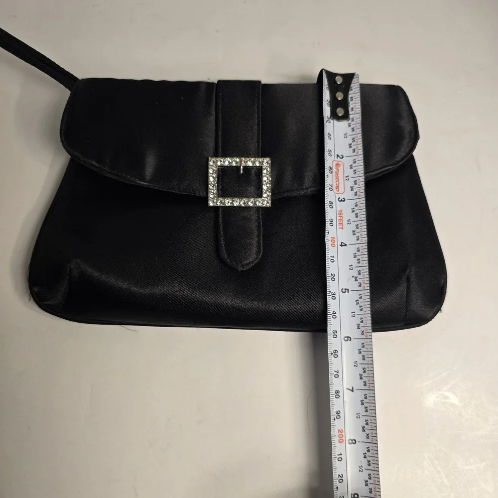Black Satin‎ Clutch Evening Bag Rhinestone Buckle Wristlet Formal Party